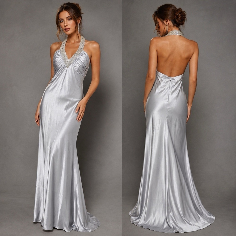 Cache Y2K Dress Maxi Halter Gown Satin Sz 10 Glam Bead Silver Gray Formal